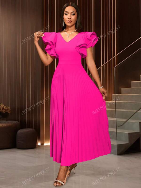 V-Ausschnitt Plissee Maxikleid mit Rüschen-Ärmeln, Partykleid, Lässig Kleid für Damen, Outfit für Date, Party, Hochzeit, Brautjungfer, Abschlussfeier, Hochzeitsgast, Rückkehr zur Schule