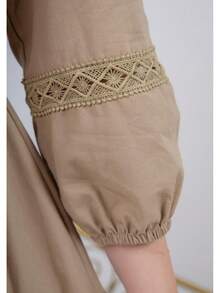 Mii Elegant 3/4 Sleeve Chemise Dress With Buttons, Loose Fit - Màu Khaki - Xem 4