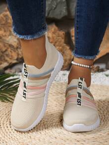女式彩色条纹系带透气针织运动鞋，超轻，穿着舒适，适合休闲散步、健身、日常穿着 - 米色 - 查看 4