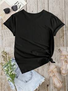 Camiseta Casual de Verano para Mujeres en Gris Claro con Lazo Rosa y Estampado de Taza de Café, Cuello Redondo, Ajuste Holgado, Mezcla de Poliéster - Lavable aáquina - Negro - Ver 4