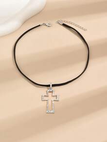 1pc Fashionable Cross PU Necklace, Suitable For Daily Wear - Silver - View 4