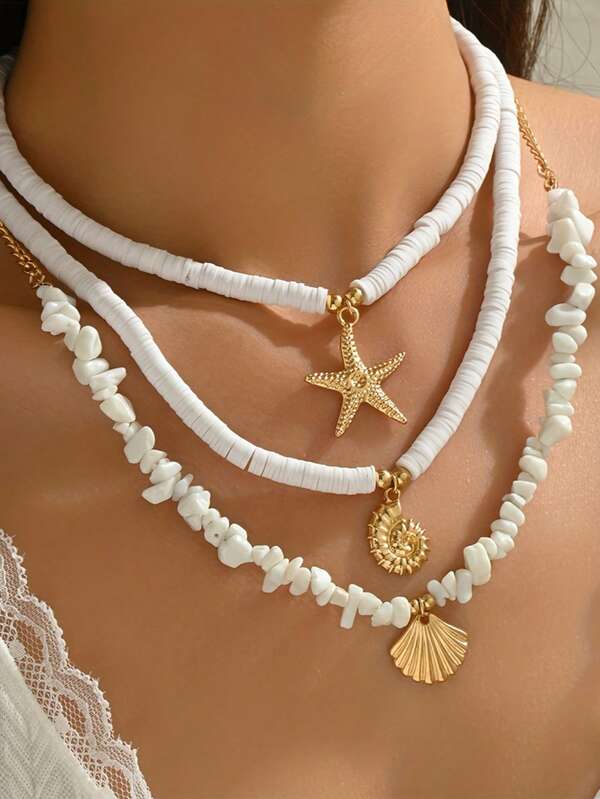 3Pcs Women's Fashion Pendant Necklace, Summer Beach Ocean Style Starfish Shell Pendant Soft Clay White Round Plate Necklace Simple White Series Irregular Stone Multiple Collar Set, Soft Clay Material, Summer Seaside Resort Beach, Summer Necklace