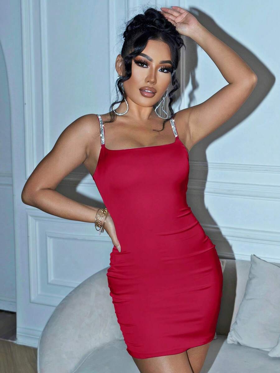Joyfunear Vestido mini ajustado de un solo color con tirantes finos para mujer - Rosa Roja - Ver 1