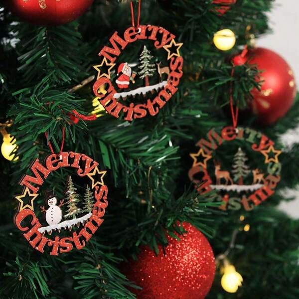 1/12/32/48pcs Christmas Ornaments Wood Tree Decorations Christmas Wooden Hanging Crafts Santa Claus Snowman Theme For Christmas Tree Hanging Decorations, DIY Gift Tags Decor