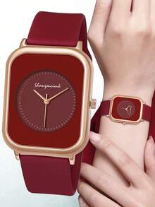 1 pieza Reloj de mujer elegante con esfera rectangular y cuarzo simple, con correa de silicona, adecuado para deportes y uso diario, color rojo - Rojo - Ver 1