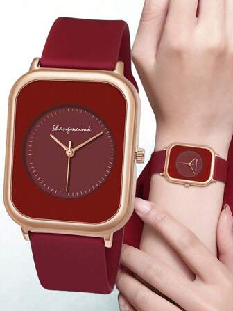 1 pieza Reloj de mujer elegante con esfera rectangular y cuarzo simple, con correa de silicona, adecuado para deportes y uso diario, color rojo