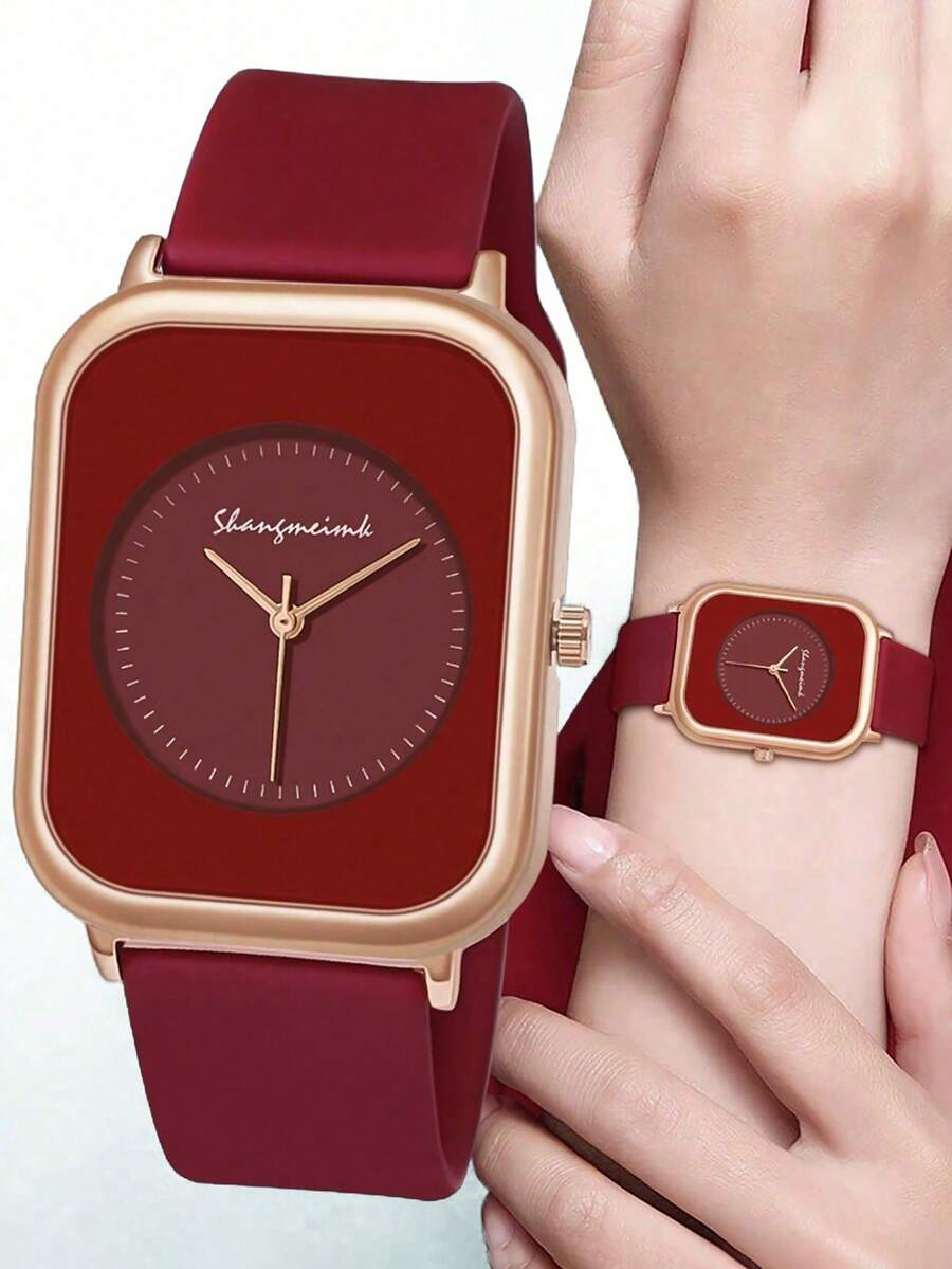 1 pieza Reloj de mujer elegante con esfera rectangular y cuarzo simple, con correa de silicona, adecuado para deportes y uso diario, color rojo - Rojo - Ver 1
