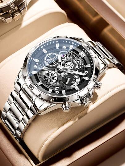 GUANQIN 1Pc Waterproof Luminous Skeleton Watch With Chronograph Calendar Multifunctional Dial Wear-Resistant Stainless Steel Strap Fashion Business Luxury Sporty Classic Simple Casual Mechanical Style Men Automatic Quartz Watch Suitable For Father's Day,Students,Festivals,Dating,Business, Daily,Gifts