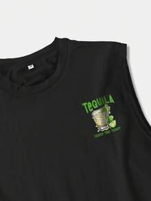 YUNCHIC - 男士休闲无袖背心，夏季轻便运动服，创意龙舌兰印花，圆领弹力打底衫，透气吸湿，健身训练外穿/内衣， - 黑色 - 查看 4