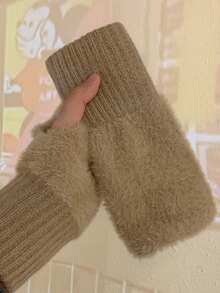 1 Paar einfache Plüsch-Patchwork-Strickhandschuhe, stilvolle, elegante, weiche und warme fingerlose Handschuhe für Herbst und Winter, kältebeständig, mit elastischem Handgelenk