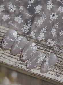 1pc Elegant Floral 3D Nail Art Sticker, Self-Adhesive, White Flower & Leaf Pattern With Rhinestones, Create Exquisite Nails, Suitable For Women & Girls DIY, Ideal For Autumn/Winter Party Manicure Nail Stickers - White - View 3