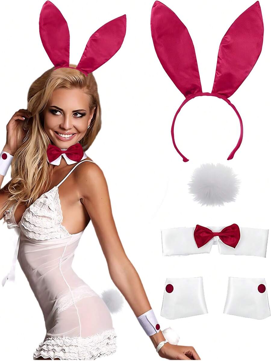5pcs Rabbit Costume Set Including Rabbit Ear Headband, Wrist Cuffs And Rabbit Tail Accessory, Suitable For Holiday Party Halloween