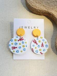 1 对女士贝壳和虾印花亚克力圆形耳环，海洋风格，海滩氛围