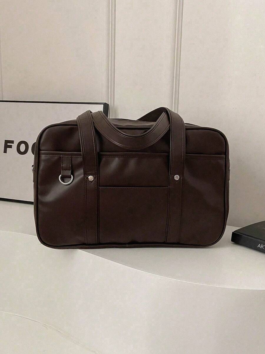 简约时尚 OL 托特包，女士 PU 皮革手提包，纯色大容量单肩包，适合工作 - 咖啡棕 - 查看 1