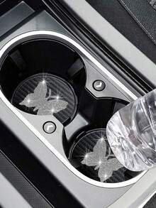 2 件 Bing 水钻蝴蝶形碳纤维纹理时尚杯垫 - 黑色 - 查看 3