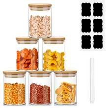 6 Set Glass Jars Set 260ml, 9oz Spice Jars Food Cereal Storage Container With Bamboo Airtight Lids And Labels For Flour, Sugar, Coffee, Candy, Snack And More