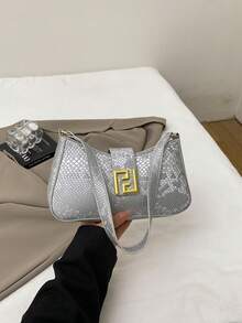 Bolso de hombro cruzado con capacidad grande estilo francés 2025 con diseño de parches de patrón de piel de serpiente - Plateado - Ver 5