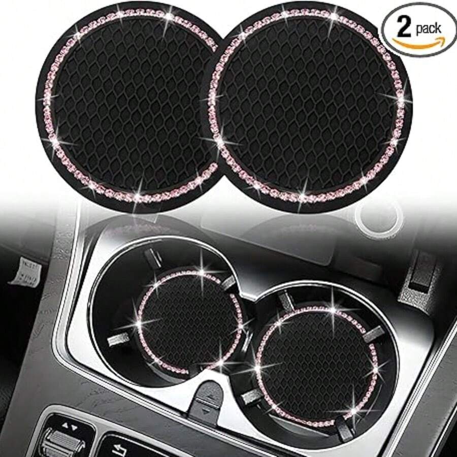 2pcs Car Coasters Round Diamond Non-Slip Silicone Coasters - Pink - View 1