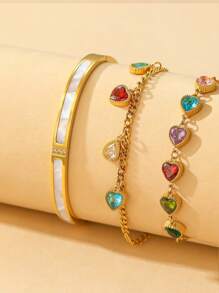 2pcs Anti-Allergic Luxury 18K Gold Moissanite Diamond Bracelet & Bangle Set | Layered Wearing Jewelry Set, Gift For Girlfriend, Friend On Valentine's Day, Birthday