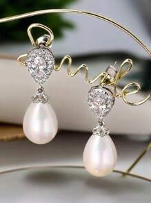 2 piezas de pendientes de diseño de lágrima con perla CZ de estilo europeo y americano elegante, joyería de lujo para mujer