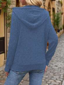 Plus Size Women Solid Color Rib Casual Vacation Hoodie With Pockets