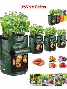 绿色土豆种植袋，带翻盖、手柄和收获窗口 - 加厚 PE 充气织物种植箱，适用于土豆、胡萝卜、洋葱 - 室内和室外花园花盆圆形可堆叠堆肥箱 - 塑料厨房垃圾收集器和存储解决方案，可实现高效的花园垃圾管理土豆种植袋