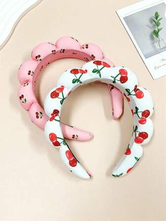 2pcs Women's Sweet Cute Cherry Printed Sponge Cloud Hairband Elastic Headband, Versatile Wide Yoga Sports Headband, Summer Bohemian Elegant, Hairband Headband For Women ,Hair Accessories, Diadema, Hair Hoop
