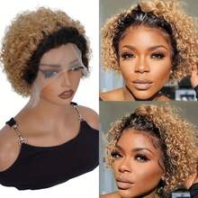 bling hair Short Curly Lace Front Wigs In Pixie Cut, 15 Cm, 13 X 1 Parted Lace Front Wigs Made Of Real Hair For Women, 6 Inches, Natural Black 99j 1b/27 1b/30 - Natural Black - 查看 10