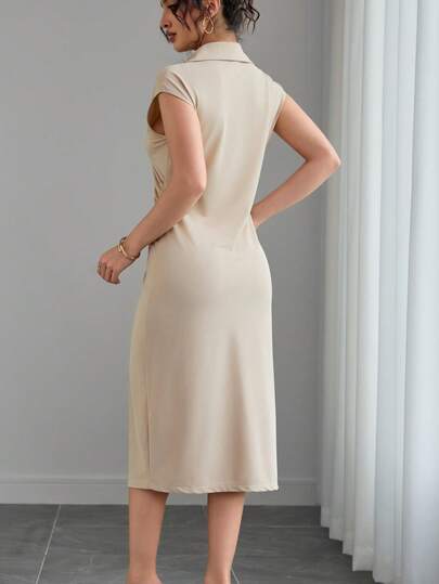 Women's Spring Summer Autumn Solid Color V-Neck Short Sleeve Cap Sleeve Gold Button Waist-Defining Dress, Comfortable Minimalist Casual Resort-Style Dress