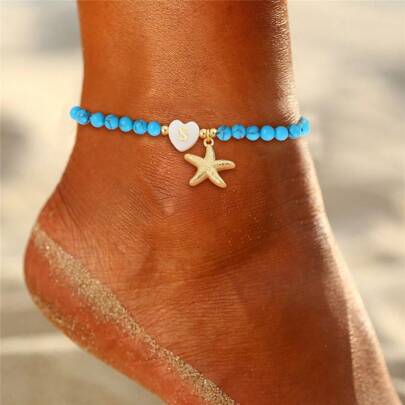 1 pieza Nuevo brazalete de tobillo con cuentas para mujer con dije de estrella de mar y letra inicial con forma de corazón