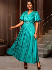 Women Long Party Dresses Elegant Shiny Pleated Short Lantern Sleeves V Neck Classy Curve Ladies Belly Cover Occasions,Outfit For Date,Party,Wedding Dress,Bridesmaid Dress,Graduation Dress,Wedding Guest Back To School