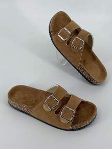 Men Casual Solid Color Buckle Flat Slide Sandals, Black Sandals, White Slippers, Men's Summer Sandals, Couples Shoes, Women Sandals And Slippers, Platform