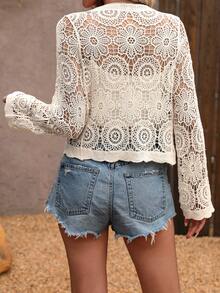 Vacation Style Casual Lace Patchwork Semi-Sheer Button V-Neck Long Sleeve Cardigan - Màu be - Xem 5
