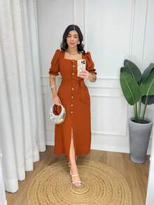 Plain Long Dress With Buttons And Belt - Puff Sleeves - Elegant Model With Elastex - Rỉ Nâu - Xem 1