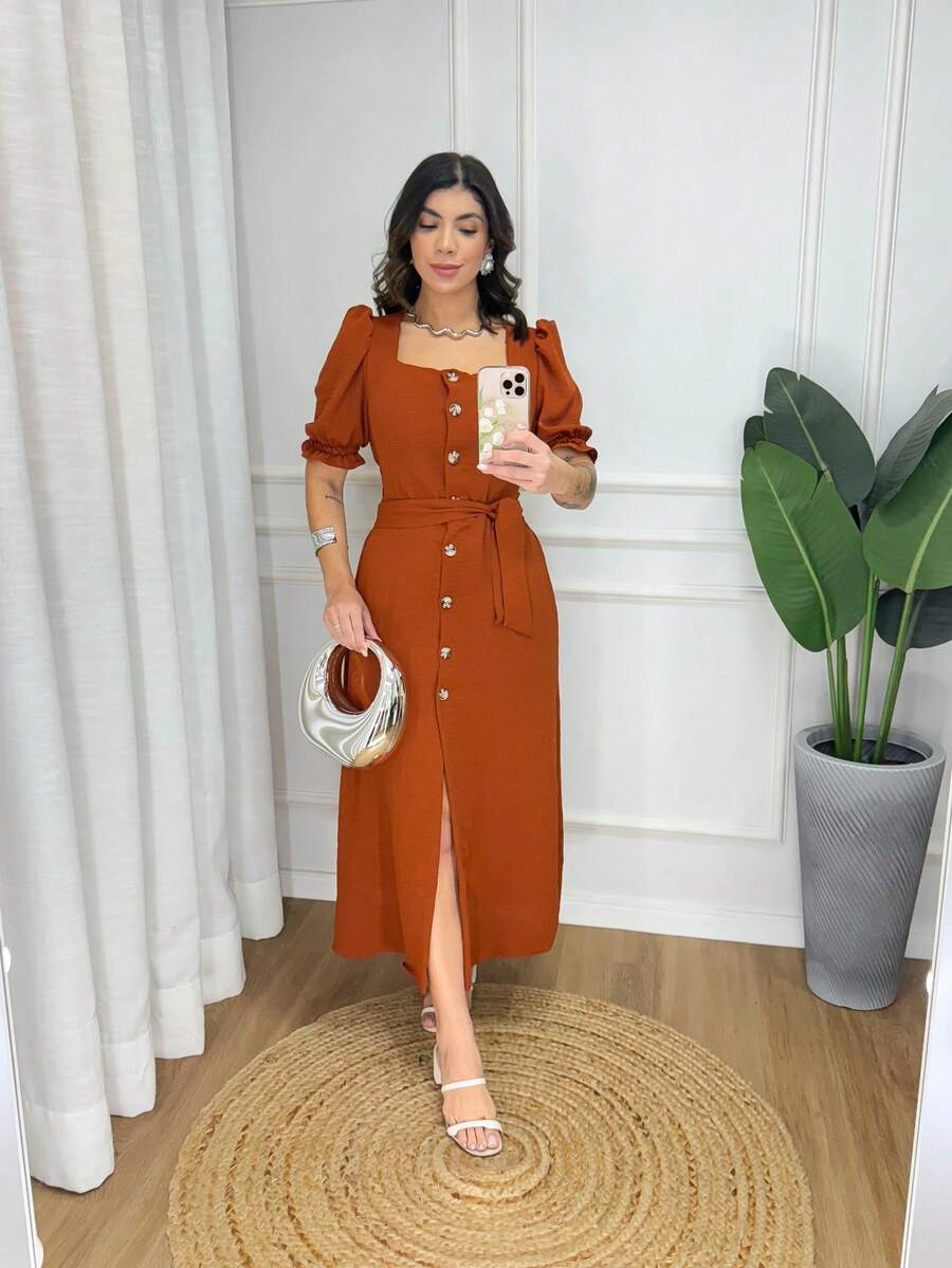 Plain Long Dress With Buttons And Belt - Puff Sleeves - Elegant Model With Elastex - Rỉ Nâu - Xem 1