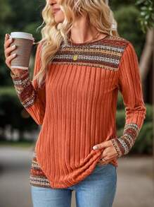 Plus Women's Round Neck Color Blocked Printed Long Sleeved T-Shirt Top Fall Clothes