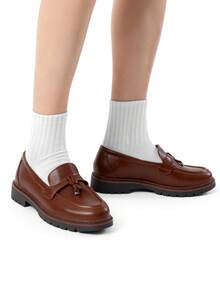 Women Flats Loafers, Chunky Heel, Slip On, Round Toe Loafer, Comfortable Dressy Casual Business Office, Commute Dress Shoes - 棕色 - 查看 4