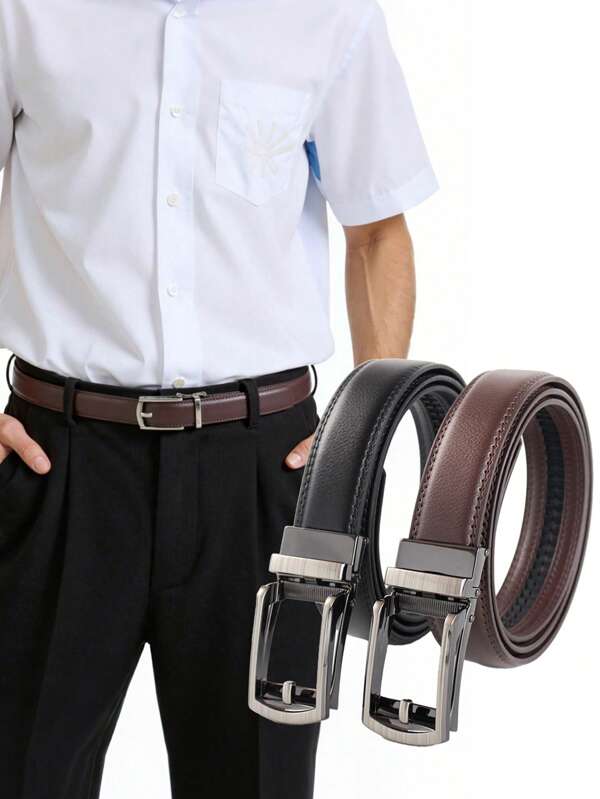 1pc Black & Brown New Men's Soft Leather Automatic Buckle Belt, Leather Ratchet Dress Belt For Men, Suitable For Formal Pants (32mm), Durable Business Casual Waist Strap