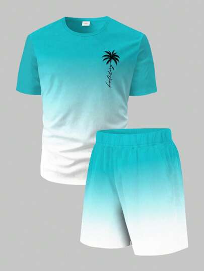 Purechapter 2pcs/Set Teen Boy Summer Ombre Minimalist Coconut Tree & Letter Print Short Sleeve T-Shirt And Shorts Set With Pockets, Suitable For Commuting, Outdoor, Vacation, Casual And Sports Wear