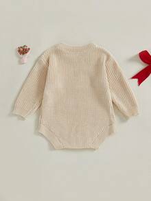 Baby Girl Christmas Romper Loose Fit Letter Bow Embroidery Ribbed Long Sleeve Infant Winter Sweater