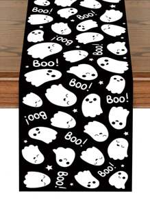 1 pieza Camino de mesa de poliéster con diseño blanco y negro de fantasma lindo de 35*180cm, con el texto "¡Buu!" Adecuado para fiestas de Halloween, decoración de temas de terror, restaurantes, cocinas o reuniones en el hogar, artículos para fiestas