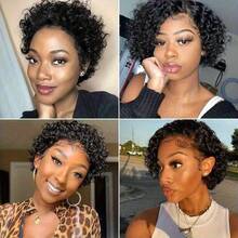 bling hair Short Curly Lace Front Wigs In Pixie Cut, 15 Cm, 13 X 1 Parted Lace Front Wigs Made Of Real Hair For Women, 6 Inches, Natural Black 99j 1b/27 1b/30 - Natural Black - 查看 9