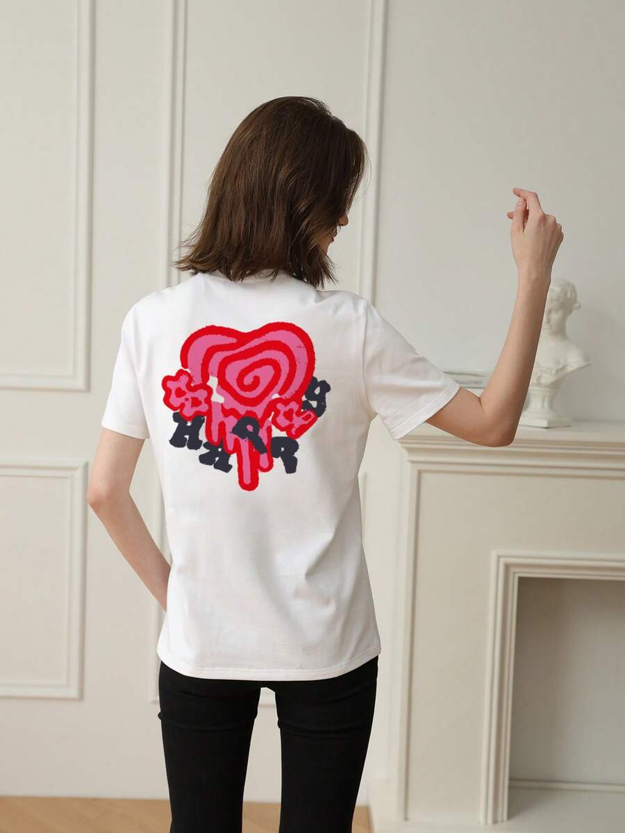 Women's Colorful Heart Print Round Neck Short Sleeve T-Shirt, Casual Everyday Street-Style Essential - White - View 1