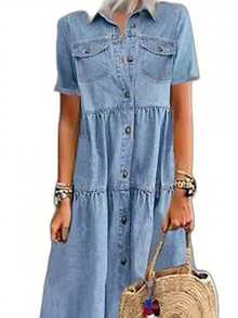 Women's Plus Size Denim Dress Short Sleeve Turn Down Collar Button Front Loose Swing Jean Dress - 淺藍色 - 查看 2