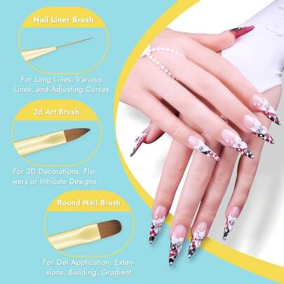 Nail Art Brushes And Dotting Tools 6pcs Set For Builder Gel Polygel Gel Polish Paint Design With Flat, Round, Thin Liner, French Tip, Small Detail Painting, 3D Acrylic Flower Brushes, Gold Blue