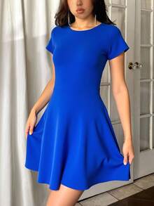 Vestido corto elegante bonito dama mujer manga corta escote redondo cintura ajustada falda corta semicircular diseño elegante clásico ideal para eventos formales  ocasiones especiales día noche fiesta evento cocktail trabajo comida cena jardín playa vacaciones festival graduación primavera verano - azul real - Ver 4