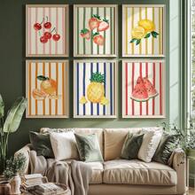 6 件水果抽象艺术印刷品套装画廊简约墙面艺术草莓西瓜柠檬柑橘芒果菠萝热带樱桃，无框架 - 彩色 - 查看 3