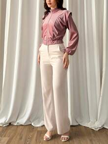 Chaqueta de satén de mujer con lentejuelas, volantes y abertura frontal: estilo elegante y moderno para otoño e invierno. - Rosa - Ver 3