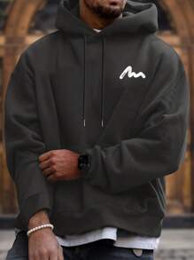 男士印花抽绳连帽卫衣，秋冬款，长袖上衣 - 深灰色 - 查看 6