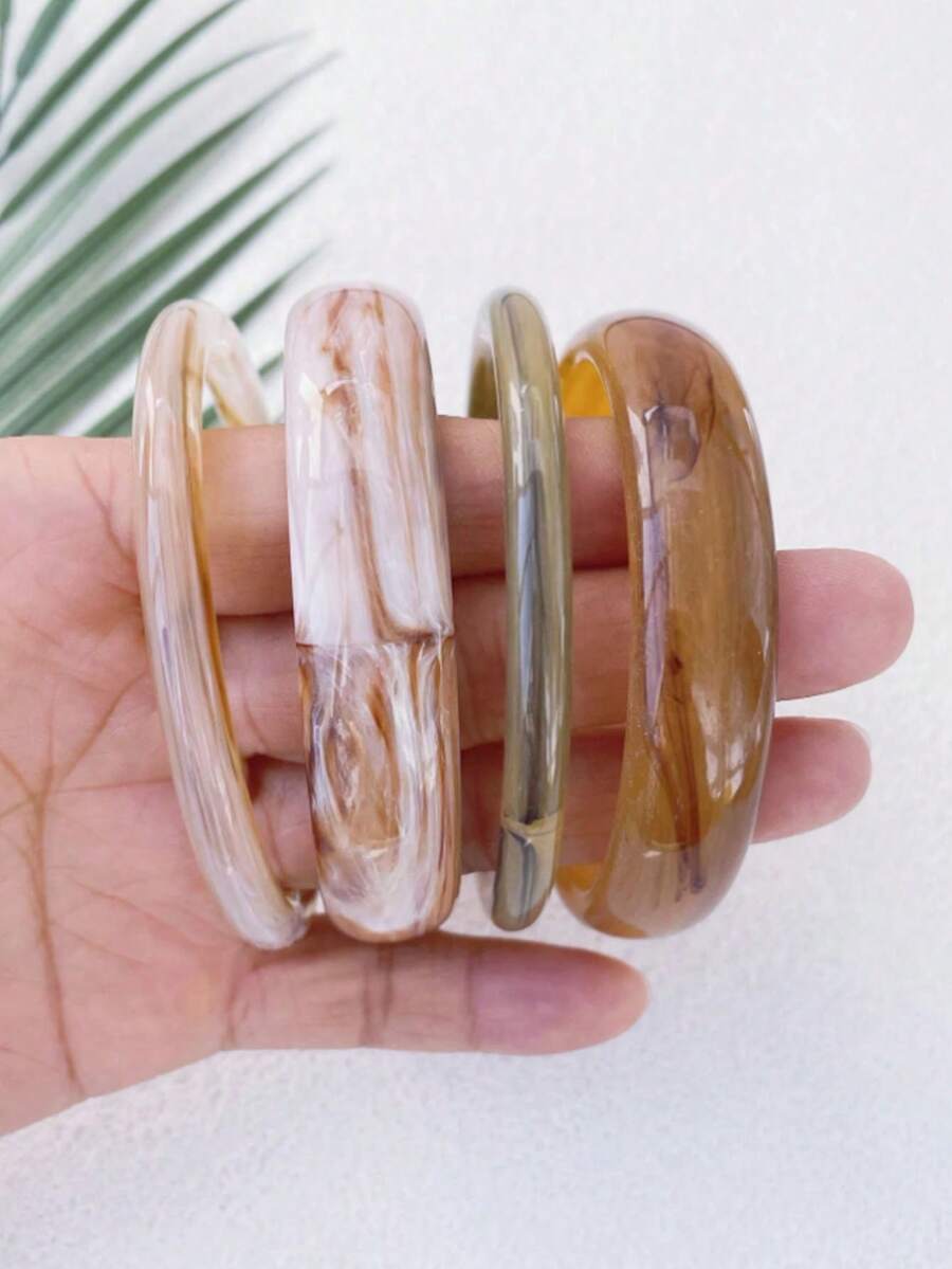 4pcs Vintage Resin Amber Texture Acrylic Bangle Bracelet Set, Fashion & Versatile, Suitable For Women's Daily Wear - Brown - View 1